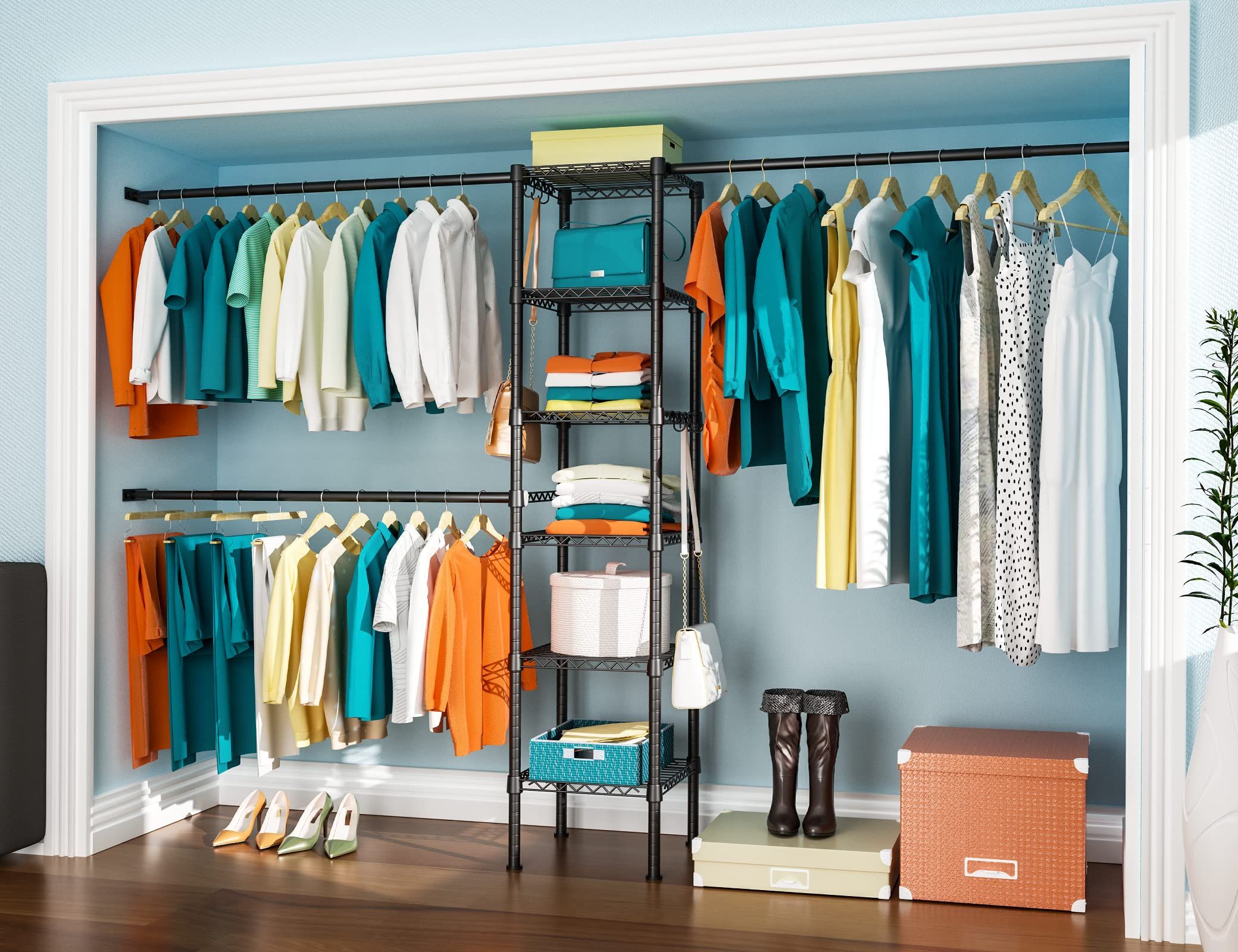 Famous Clothes Organizer Wardrobes Pertaining To Amazon: Ulif M1 Closet Storage Organizer System, 6 Tiers Heavy Duty  Metal Clothing Garment Rack With 3 Expandable Hanger Rods, Wall Mounted  Space Saver Suits From 3.3 8.7 Ft. Width, 71.2”h X 14”d, (Photo 6 of 10)