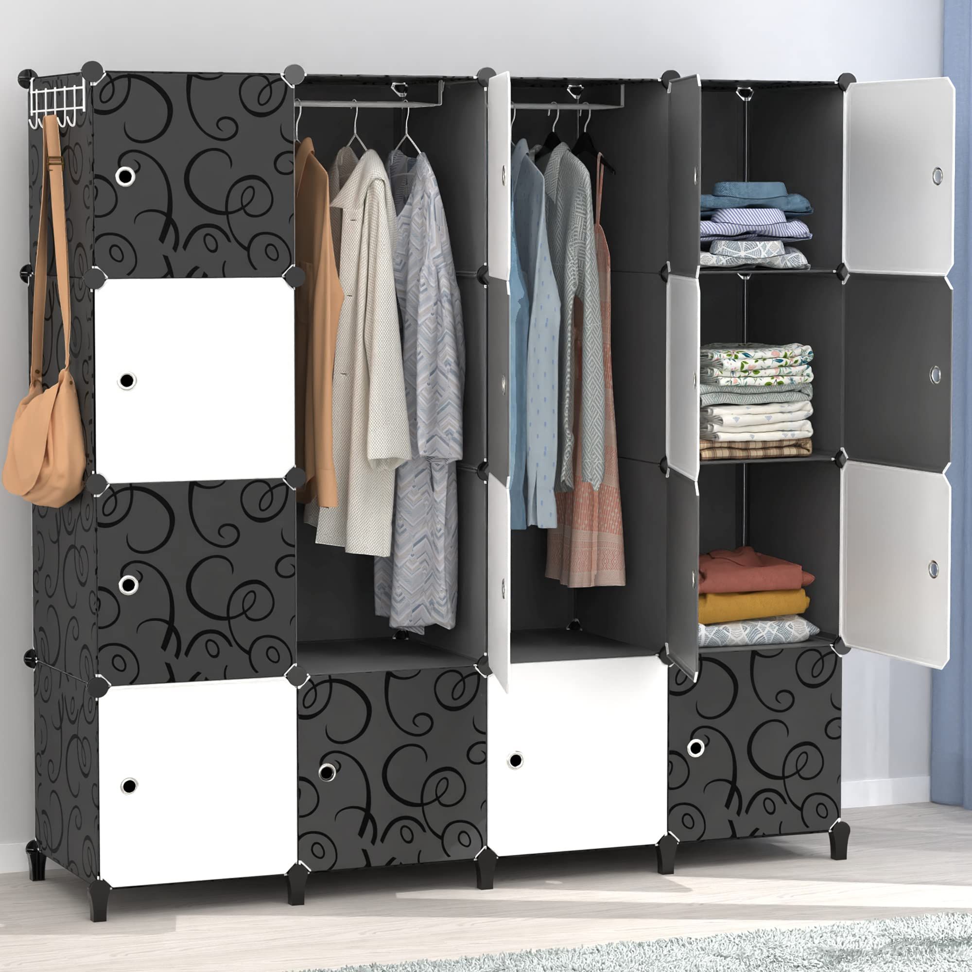 Famous Homidec Portable Wardrobe 16 Cube Foldable Closet W/ 3 Clothes Hanging  Rails, Deeper Cube Modular Cabinet Storage Organizer Shelfbedroom Clothes  Shoes Toys, Flower Pattern, Black & White (yg16hb) : Amazon.co.uk: Home & For Wardrobes With Cube Compartments (Photo 6 of 10)