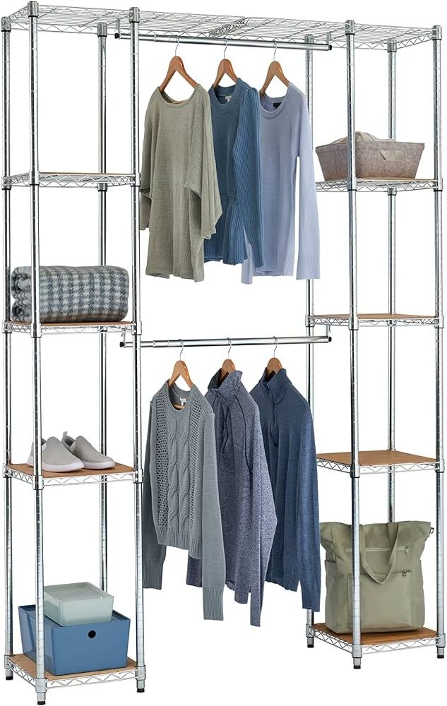 Fashionable Amazon: Trinity Ecostorage Expandable Garment Rack With Bamboo Shelves  For Clothing Storage, Closet Organization For Home, Apartment, Dorm Room  And More, Chrome, 56 76” W X 14” D X 84” H : Everything Else Regarding Chrome Garment Wardrobes (Photo 8 of 10)