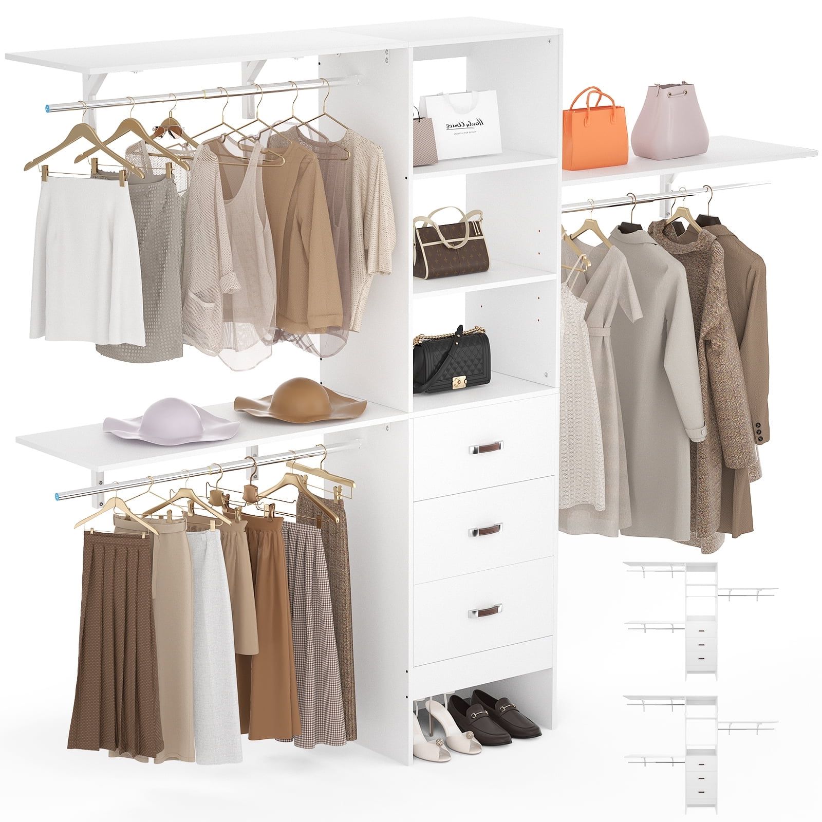 Favorite 3 Shelving Towers Wardrobes Regarding Homieasy 96 Inches Closet System, 8ft Walk In Closet Organizer With 3  Shelving Towers, Heavy Duty Clothes Rack With 3 Drawers, Built In Garment  Rack, 96" L X 16" W X 75" H, (View 3 of 10)