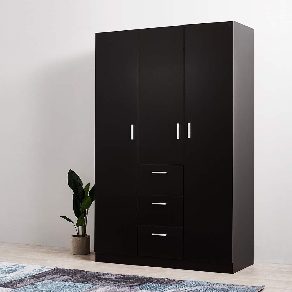 Favorite Wardrobes With 3 Drawers Within Modern 3 Doors 3 Drawers Wardrobes With Hanging Rail Large Triple Clothes  Storage Cupboard Unit For Home Bedroom, Black : Amazon.co.uk: Home & Kitchen (Photo 5 of 10)