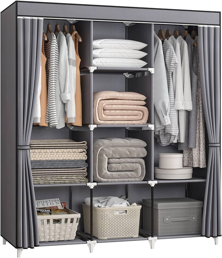 Favorite Wardrobes With Shelf Portable Closet With Regard To Amazon: Kekiwe Portable Closet, 51 Inch Wardrobe Closet For Hanging  Clothes With 2 Hanging Rods, 8 Storage Organizer Shelves For Bedroom,  Durable And Easy To Assemble, Grey : Home & Kitchen (Photo 1 of 10)