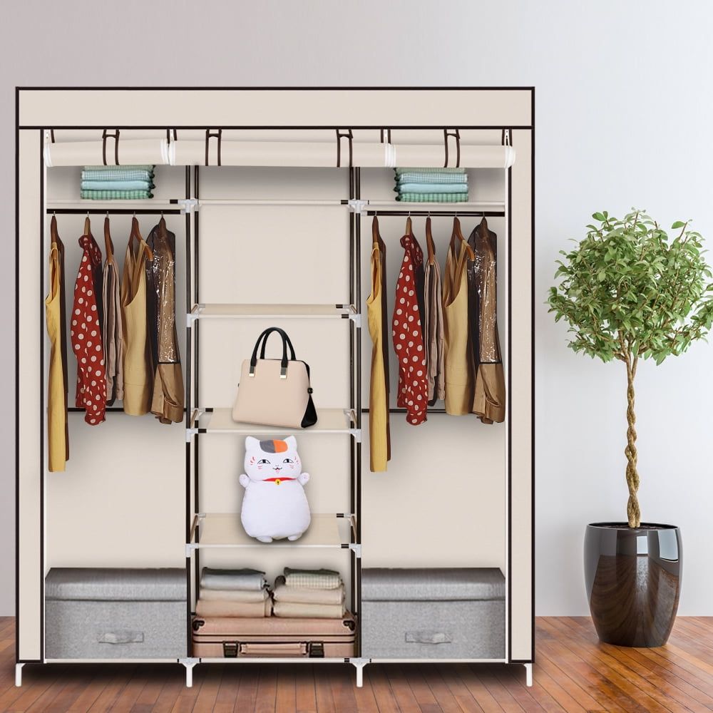 Hassch 5 Tiers Wardrobe Closet Portable Clothes Storage Organizer With  Double Hanging Rod For Bedroom, Beige – Walmart In Widely Used 5 Tiers Wardrobes (View 5 of 10)