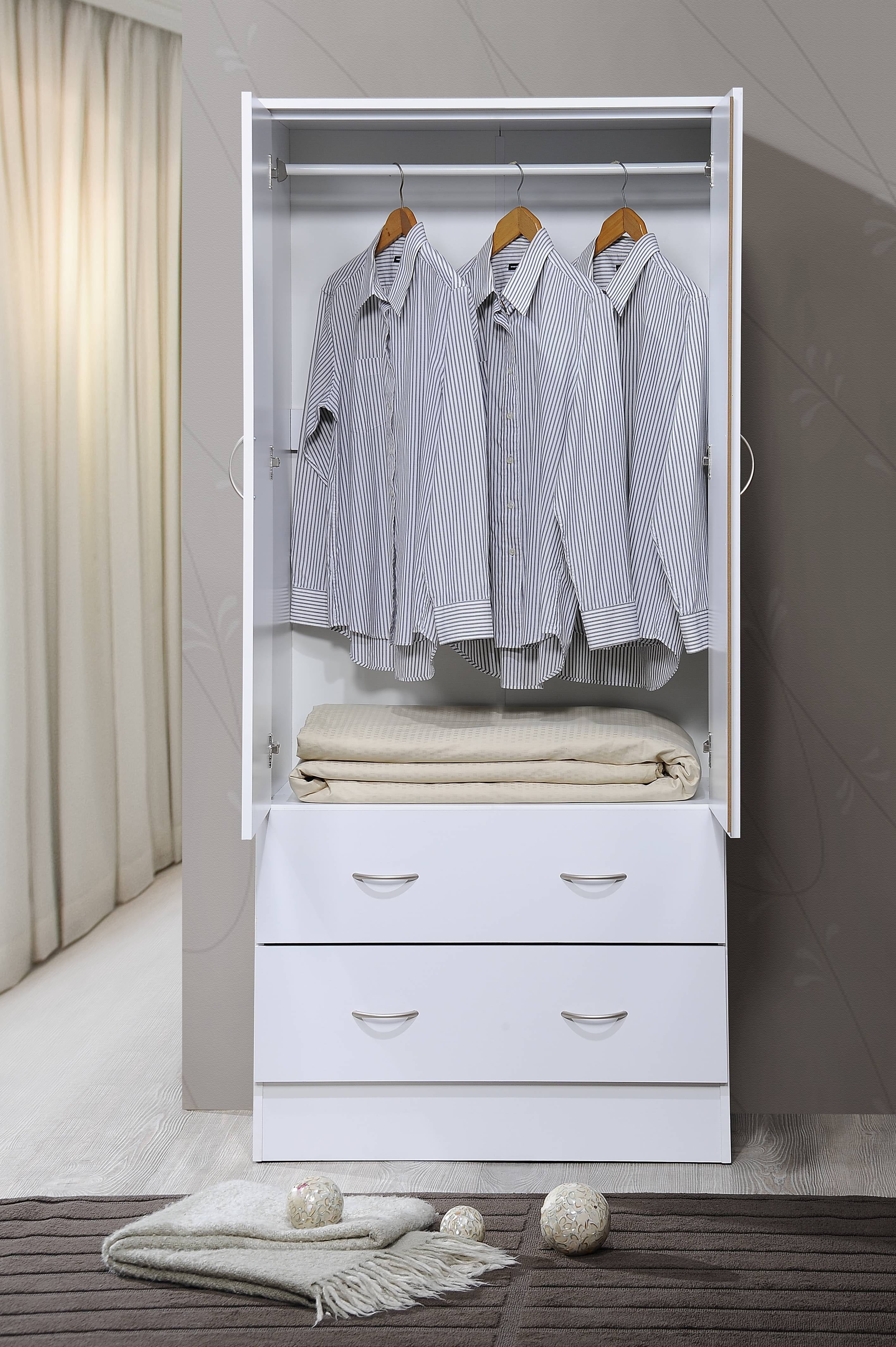 Hodedah Two Door Wardrobe With Two Drawers And Hanging Rod, White –  Walmart With Most Current Wardrobes With 3 Hanging Rod (View 7 of 10)