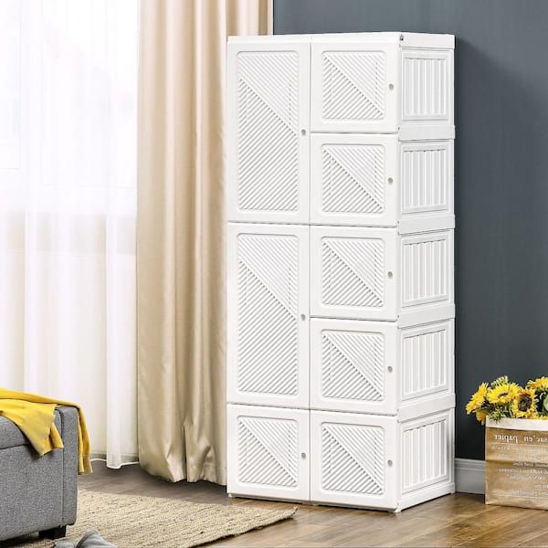 Homcom Portable Wardrobe Closet, Folding Armoire, Storage Organizer With Cube  Compartments, Hanging Rod, Magnet Doors, White 831 559 – The Home Depot Regarding Preferred Wardrobes With Cube Compartments (Photo 2 of 10)