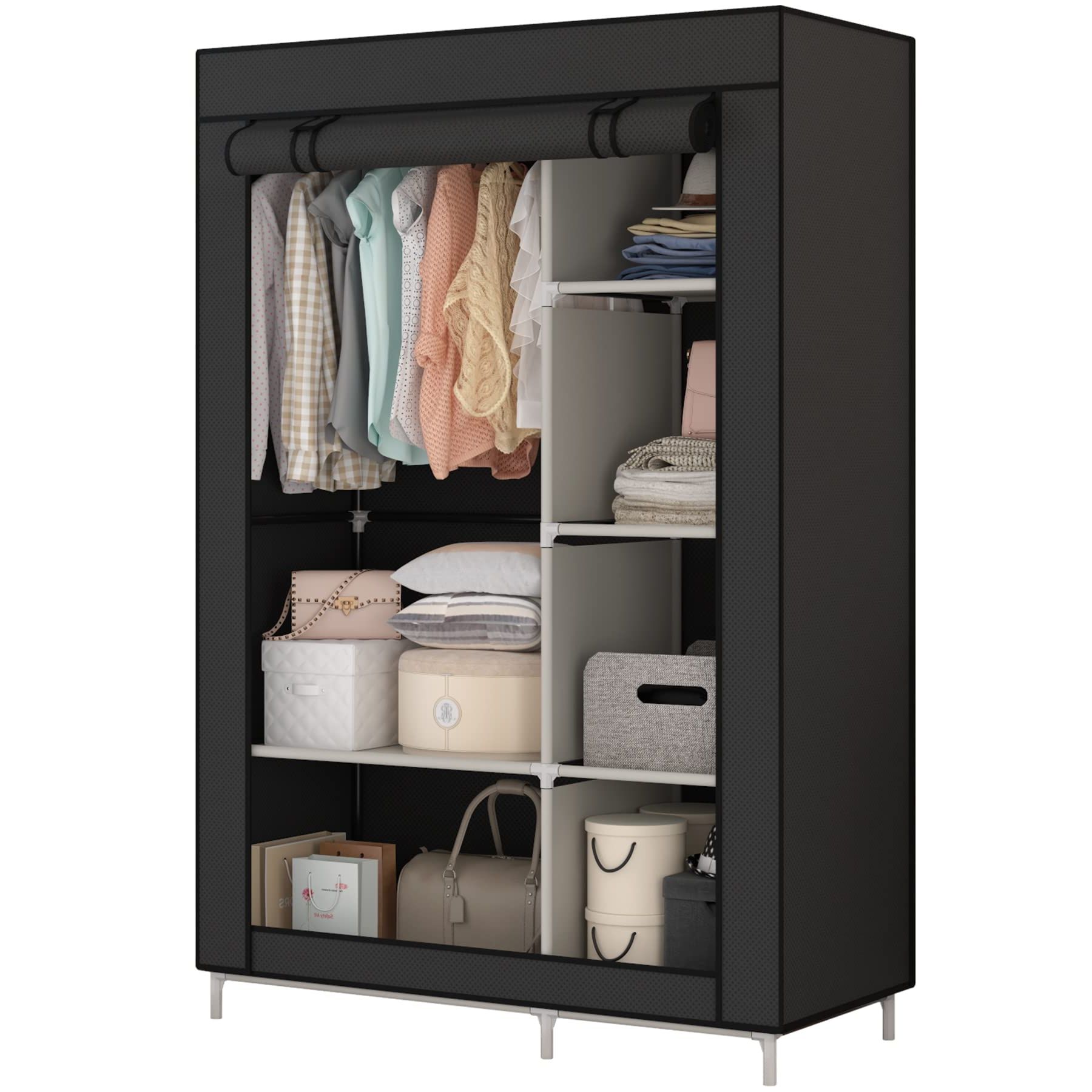 Latest Amazon: Calmootey Closet Storage Organizer,portable Wardrobe With 6  Shelves And Clothes Rod,non Woven Fabric Cover With 4 Side Pockets,black :  Home & Kitchen For 6 Shelf Non Woven Wardrobes (Photo 2 of 10)