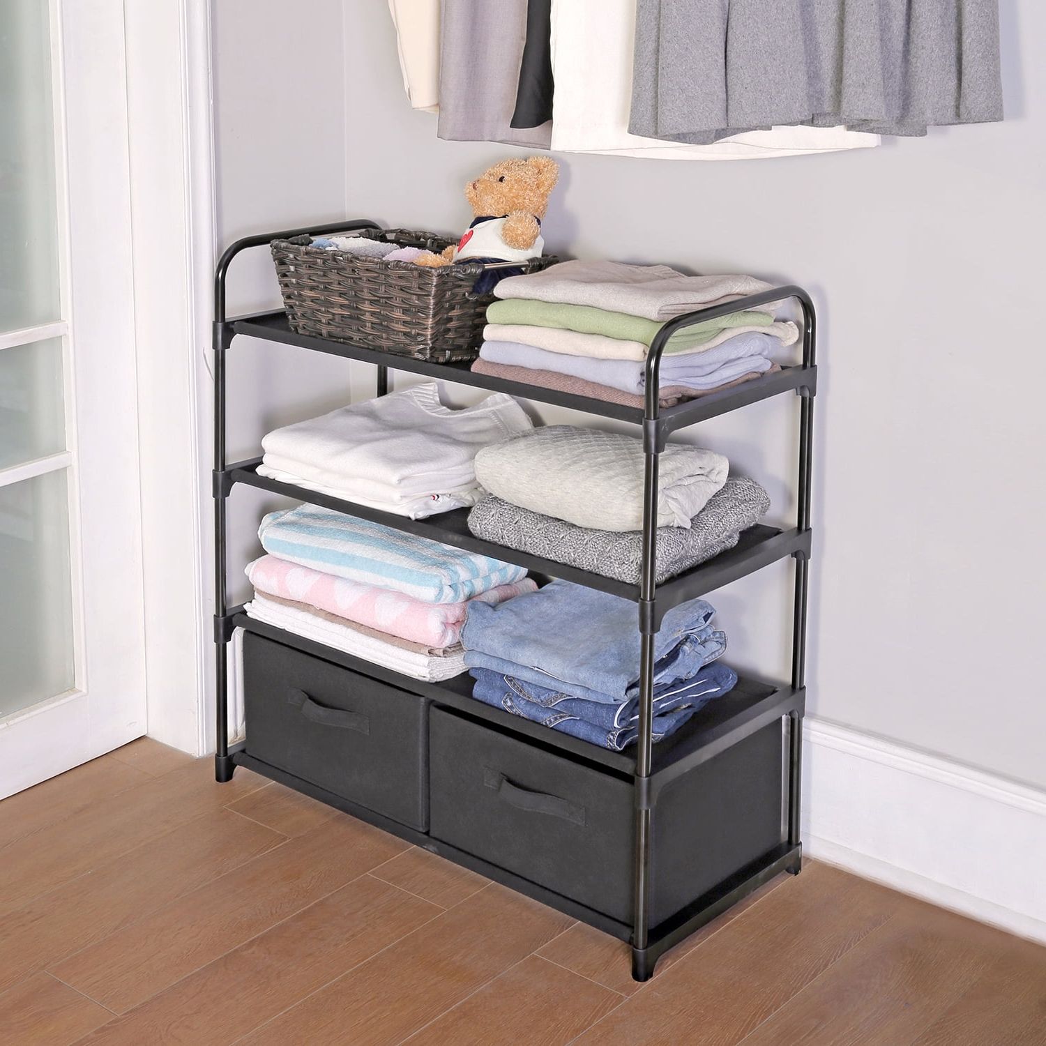 Mainstays 4 Shelf Home Closet Organizer With 2 Fabric Bins, Black –  Walmart Regarding Preferred Wardrobes With 2 Bins (Photo 1 of 10)