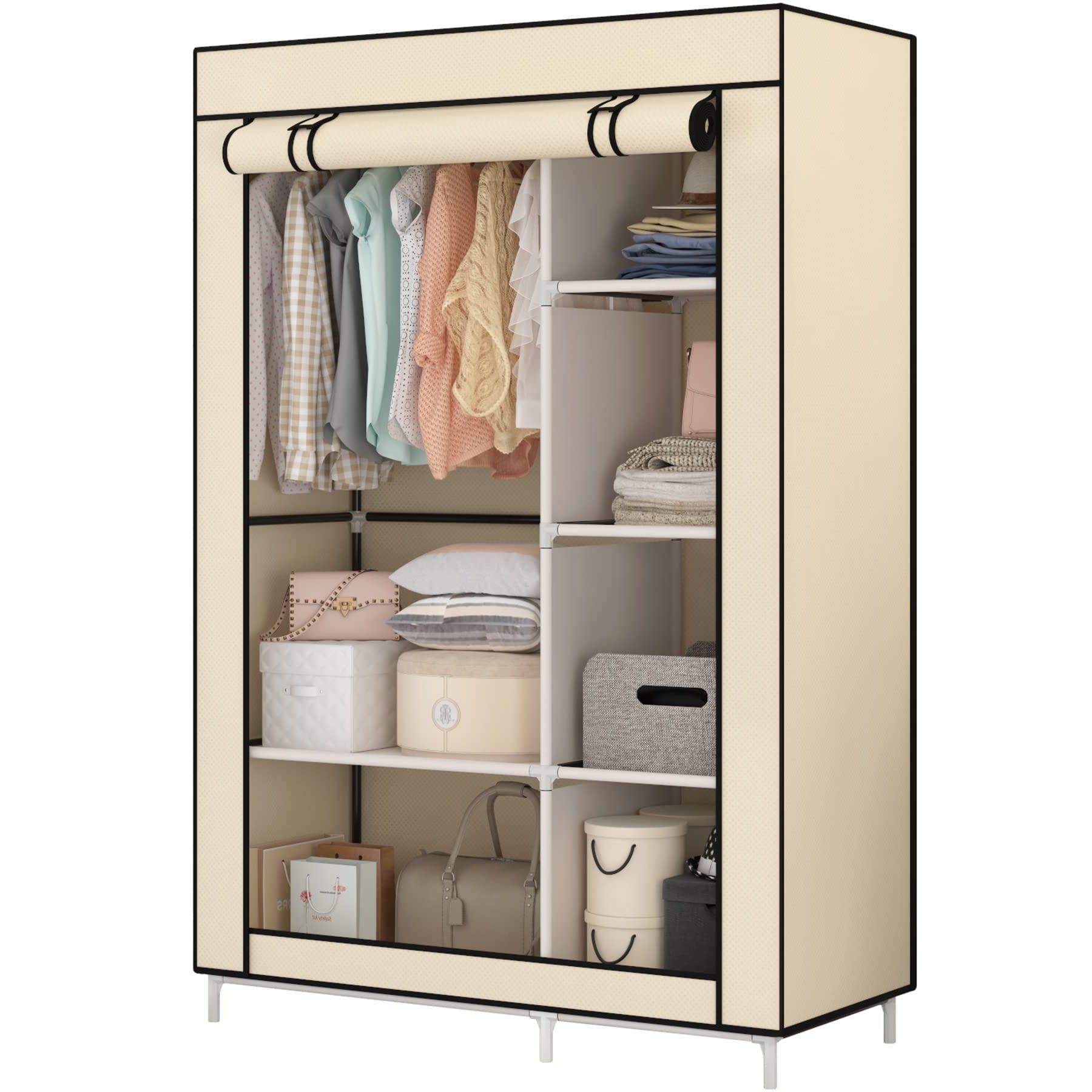Most Recent 6 Shelf Wardrobes For Amazon: Calmootey Closet Storage Organizer,portable Wardrobe With 6  Shelves And Clothes Rod,non Woven Fabric Cover With 4 Side Pockets,beige :  Home & Kitchen (Photo 7 of 10)