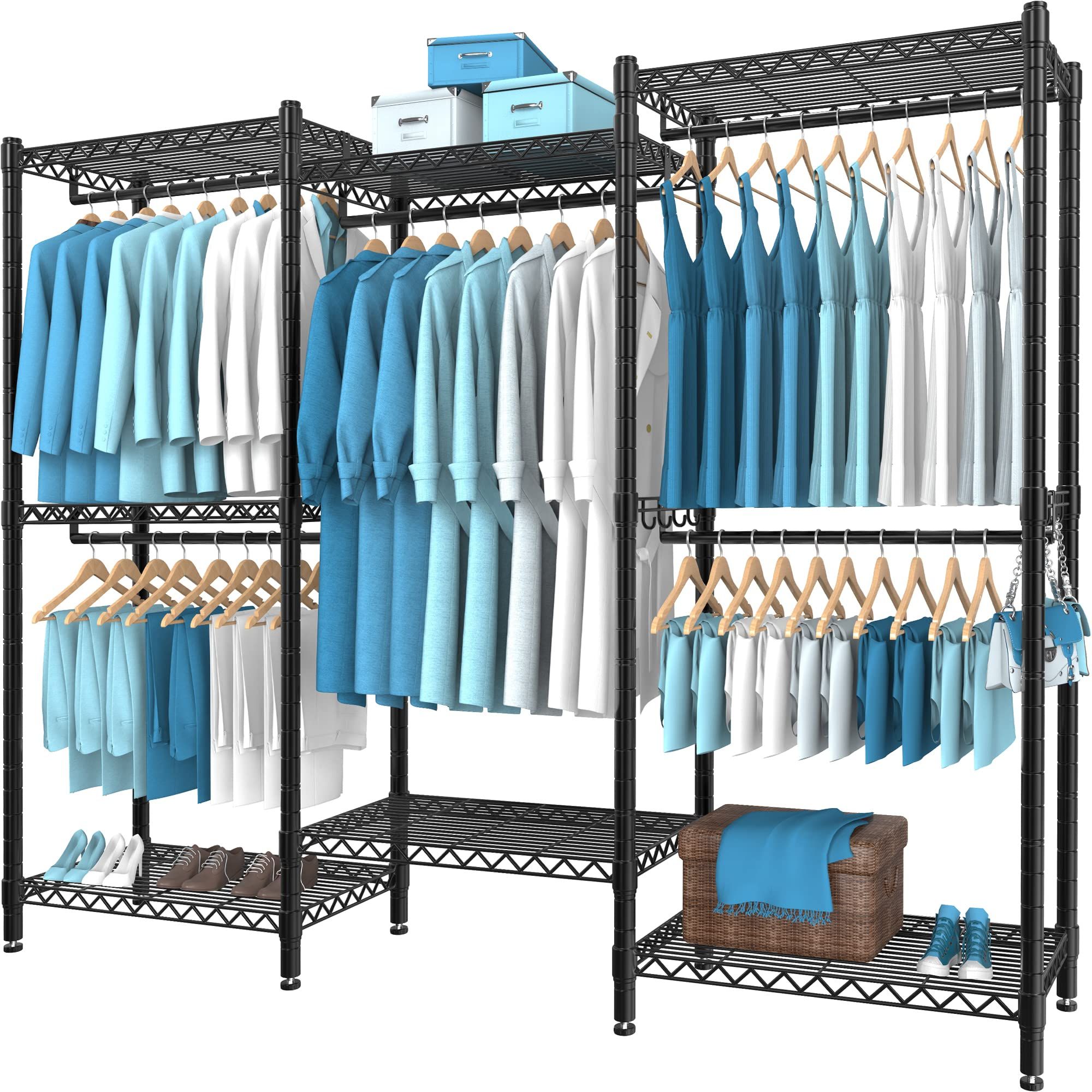 Most Recent Amazon: Punion Portable Wardrobe Rack, 7 Tiers Wire Shelving Black Garment  Rack, Compact Extra Large Clothing Racks Metal With 5 Hanging Rods, 1 Pair  Side Hooks For Hanging Clothes : Clothing, Shoes & Jewelry For Wire Garment Rack Wardrobes (Photo 4 of 10)