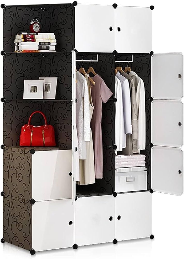 Most Recent Wardrobes With 2 Bins Intended For Portable Closets Cube Wardrobe 15 Cube Modular Storage Cabinet With 2  Hanging Rail & Door, Large Organizer Cupboard Combination Bedroom Armoire  Plastic Bin Clothing Cabinet For Books Toys Towels Shoes : Buy (Photo 4 of 10)