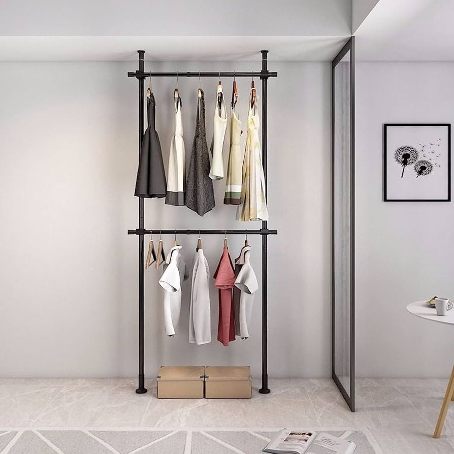 Most Recently Released 2 Tier Adjustable Wardrobes Inside Amazon: Zhfeisy 2 Tier Clothes Rack, Adjustable Clothing Rack For  Hanging Clothes, Heavy Duty Free Standing Garment Racks,floor To Ceiling  Clothes Hanger Closet System For Bedroom Laundry Room, Black : Home &  Kitchen (Photo 1 of 10)