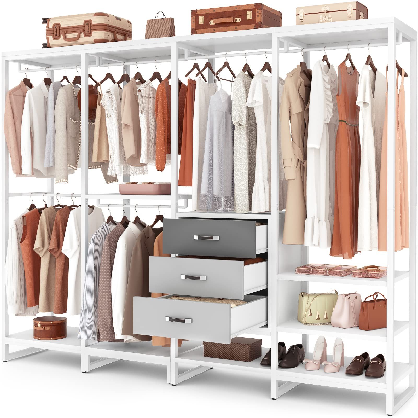 Most Recently Released Amazon: Aheaplus Wood Clothes Rack Wardrobe Closet For Hanging Clothes  Heavy Duty Garment Rack, Large Corner L Shaped Closet System Organizers  Walk In Closet For Bedroom With 11 Shelves, 3 Wood Drawers, White : Regarding Built In Garment Rack Wardrobes (View 10 of 10)