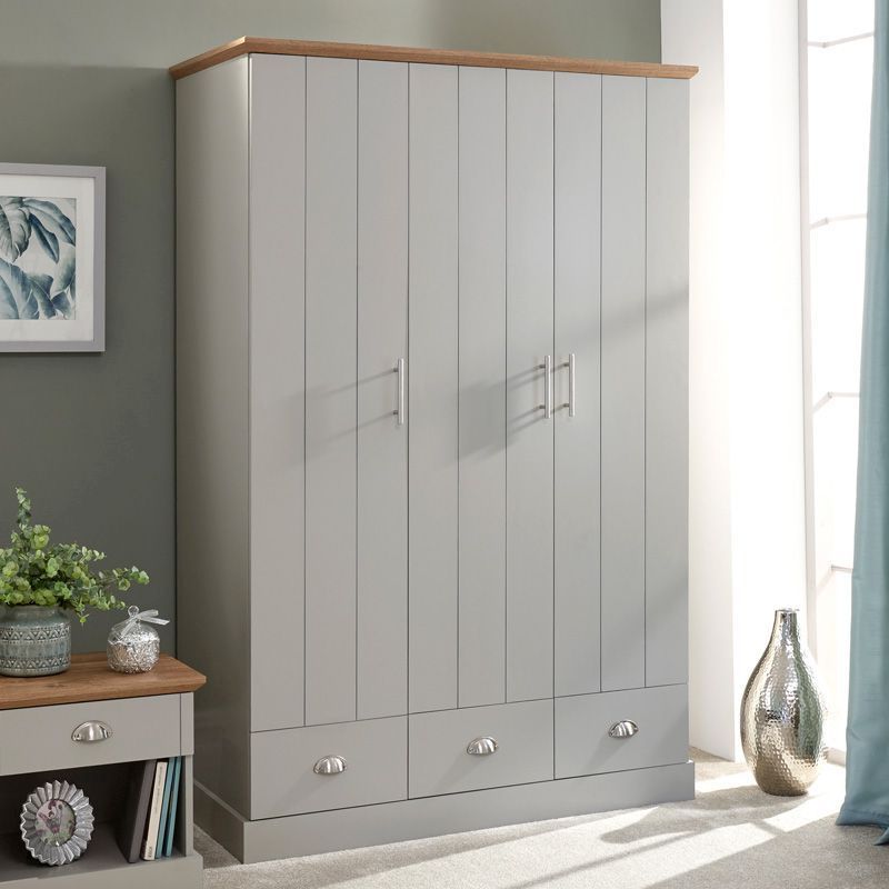 Most Recently Released Wardrobes With 3 Drawers Pertaining To Kendal Tall Wardrobe Grey 3 Doors 1 Shelf 3 Drawers – Buy Online At Qd  Stores (View 9 of 10)