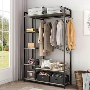 Most Recently Released Yofe Light Ivory Wooden Clothes Rack With Metal Frame Closet Organizer  Portable Garment Rack With 2 Storage Box & Side Hook  Camyiy Gi41554w1162 Crack01 – The Home Depot Pertaining To Garment Cabinet Wardrobes (Photo 8 of 10)