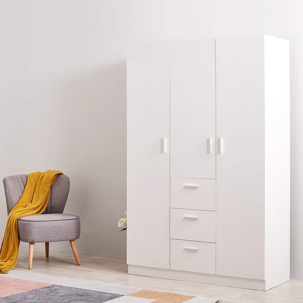 Most Up To Date Wooden 3 Doors 3 Drawers Wardrobes With Hanging Rail And Storage Shelves  Modern Large Clothes Cupboards Unit For Bedroom Furniture : Amazon.co.uk:  Home & Kitchen Throughout Wardrobes With 3 Drawers (Photo 10 of 10)