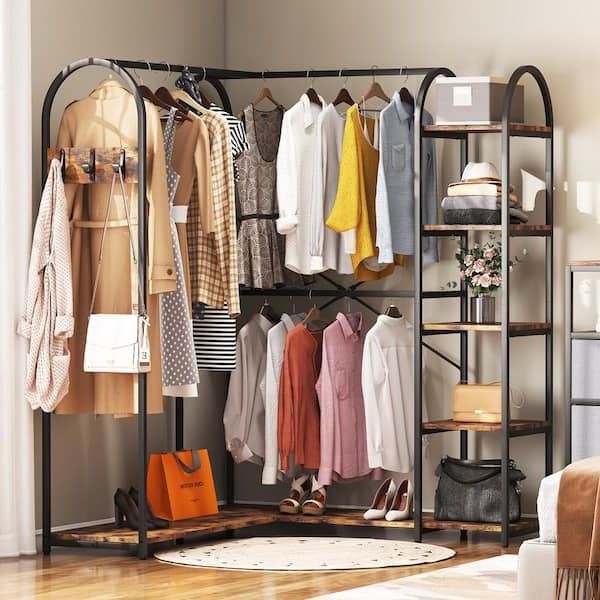 Newest Byblight Carmalita Rustic Brown And Black L Shaped Corner Garment Rack  Closet Organizer With Storage Shelves And Coat Rack Bb Jw0199xl – The Home  Depot In Clothes Organizer Wardrobes (View 10 of 10)