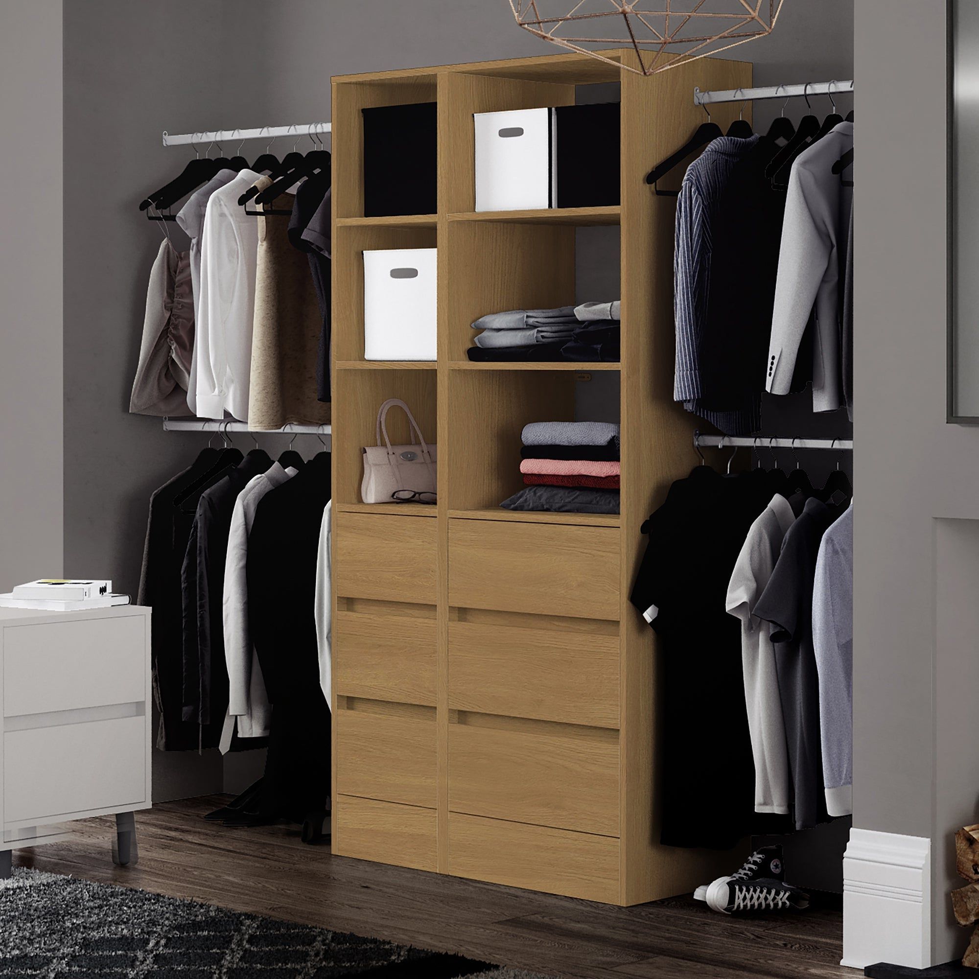 Oak Deluxe 3 Drawer Soft Close Wardrobe Tower Shelving Unit With Hanging  Bars – Interiors Plus Throughout Latest Wardrobes With 3 Shelving Towers (View 3 of 10)