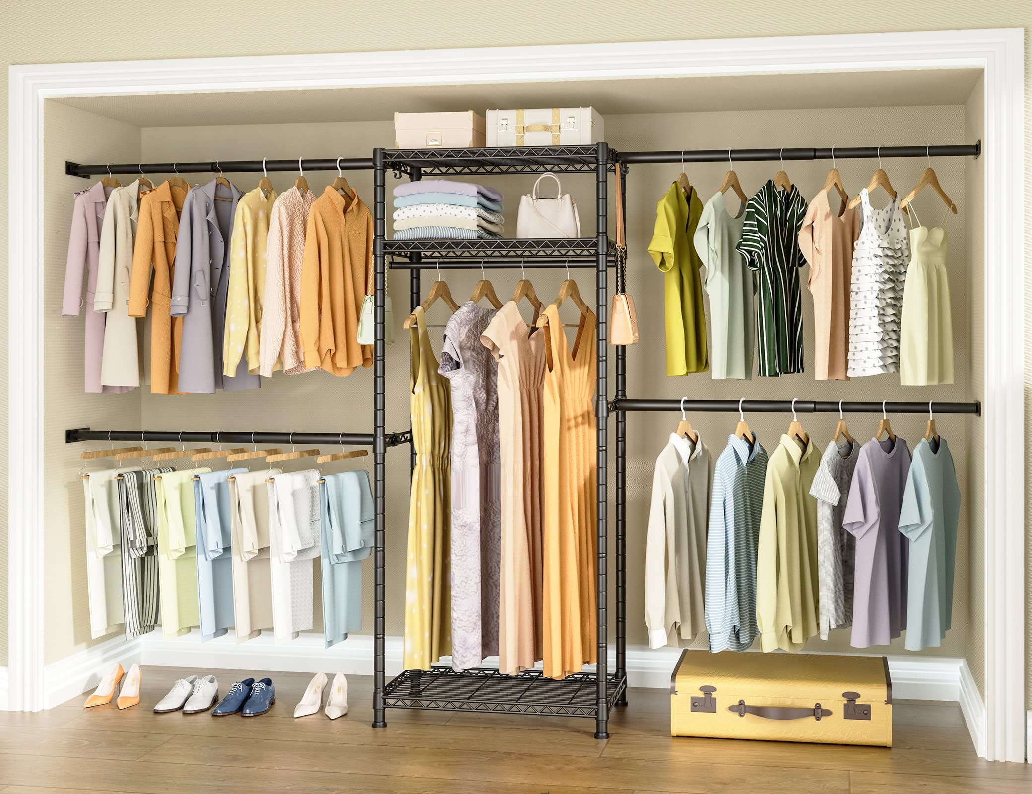 Popular Built In Garment Rack Wardrobes Inside Amazon: Ulif M3 Clothes Rack Closet Organizer And Storage System 3  Tiers Built In Wall Mounted Heavy Duty Garment Rack With 4 Expandable  Hanger Rods, Fits Space 4.3 9.3 Ft, 72.2”h, Load Capacity 710lbs, (Photo 4 of 10)