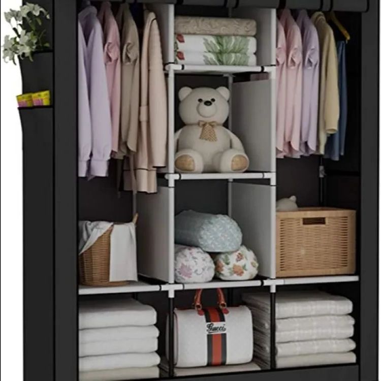 Portable Wardrobe Closet Clothes Organizer No Woven Fabric Cover With 6  Storage Shelves 2 Hanging Sections And 4 Side With Regard To Trendy 6 Shelf Non Woven Wardrobes (View 6 of 10)