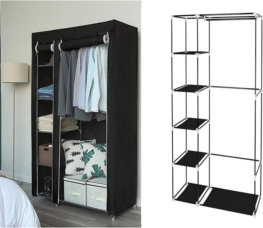 Preferred 6 Shelf Non Woven Wardrobes Throughout Amazon: 6 Shelves Black Closet Wardrobe, Portable Closet For Bedroom,  Clothes Hanging Rail With Non Woven Fabric Cover, Clothes Storage Organizer  : Home & Kitchen (View 4 of 10)