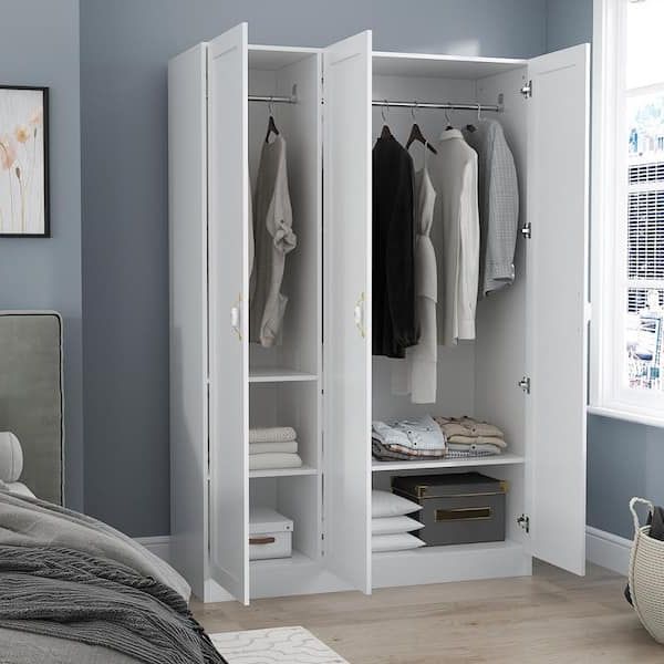 Preferred Wardrobes With Garment Rod Within Fufu&gaga White 3 Doors Armoires Wardrobe With Hanging Rod And Storage  Cubes 69.6 In. H X 47.2 In. W X 19.6 In. D Kf310028 – The Home Depot (Photo 7 of 10)