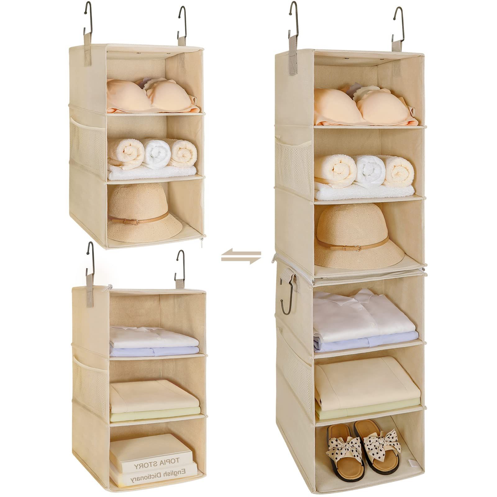 Recent 2 Separable Wardrobes Within Amazon: Topia Home 6 Shelf Hanging Closet Organizer, Two Separable  3 Tier Thickened Fabric Hanging Closet Shelves With Mesh Pockets,  Collapsible Closet Organizers And Storage Organization, Beige : Home &  Kitchen (View 6 of 10)