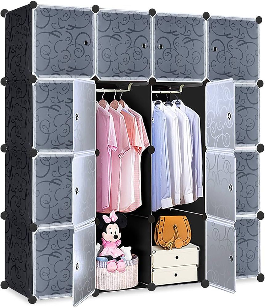 Trmlbe Shelving System Diy Wardrobe With 16 Cube Compartments Made Of  Plastic Portable Wardrobe Boltless Shelf With Doors Shoe Rack Cabinet For  Clothes Shoes – Black, With 2 Wardrobes : Amazon.de: Home & Kitchen Within Most Current Wardrobes With Cube Compartments (Photo 10 of 10)