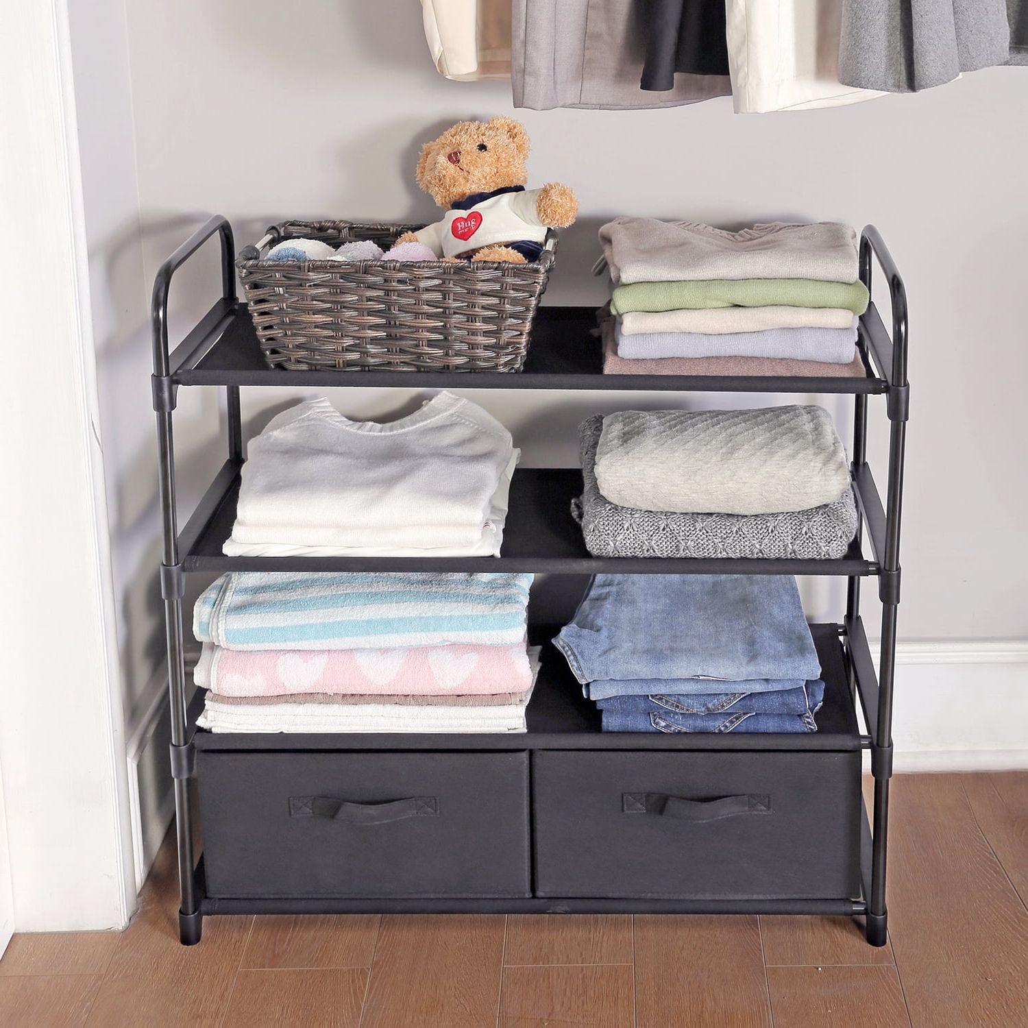 Wardrobes With 2 Bins With Well Known Mainstays 4 Shelf Home Closet Organizer With 2 Fabric Bins, Closet, Black,  Indoor, Adult And Child – Walmart (View 3 of 10)