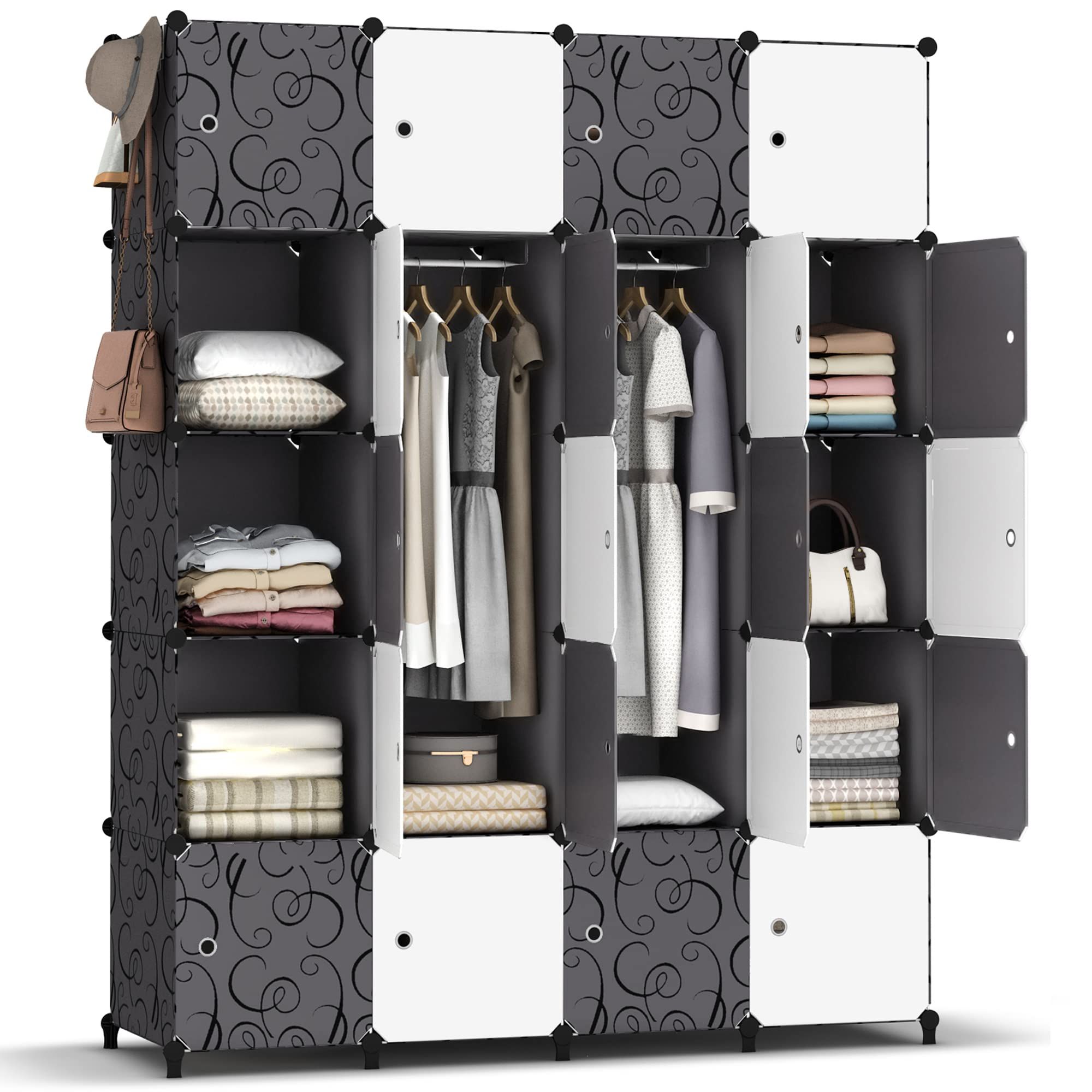 Wardrobes With Cube Compartments With Regard To Best And Newest Homidec Portable Wardrobe 20 Cube Closet With 3 Clothes Hanging Rails,  14"x18" Deeper Cube Combination Armoire Modular Cabinet Storage Organizer  For Bedroom Clothes Shoes Toys, Black & White : Amazon.co.uk: Home & (Photo 1 of 10)