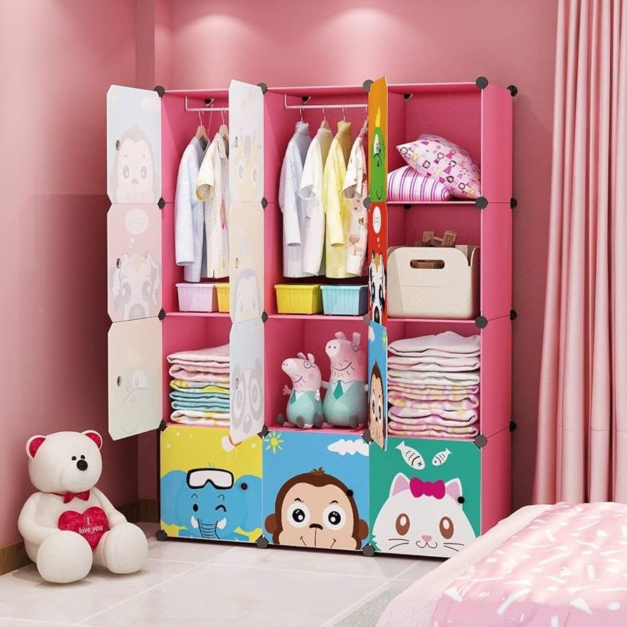 Well Liked Baby Clothes Wardrobes For Maginels Plastic Alloy Steel Children Wardrobe Kid Dresser Cute Baby  Portable Closet Bedroom Armoire Clothes Hanging Storage Rack Cube Organizer  Large Pink 8 Cube & 2 Hanging Section : Amazon.in: Home & Kitchen (Photo 9 of 10)