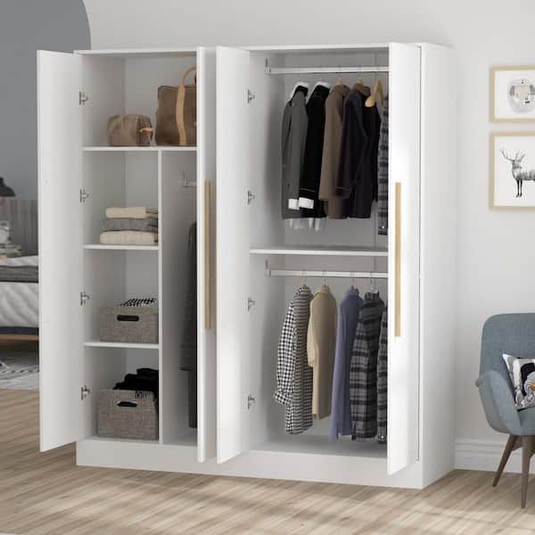 Well Liked Fufu&gaga White 4 Door Wardrobe Armoires With Hanging Rod And Storage  Shelves (70.9 In. H X 63 In. W X 19.7 In. D) Kf210109 Xin – The Home Depot Intended For Wardrobes With 4 Shelves (Photo 9 of 10)