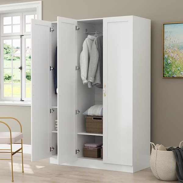Well Liked Wardrobes With 3 Hanging Rod Regarding Fufu&gaga White 3 Doors Armoires Wardrobe With Hanging Rod And Storage  Cubes 69.6 In. H X 47.2 In. W X 19.6 In (View 9 of 10)