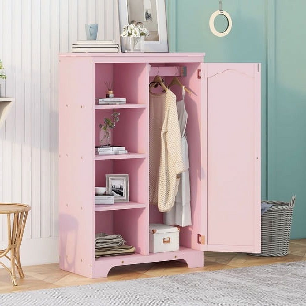 Wooden Cabinet, Wood Wardrobes With 1 Door And 4 Open Shelves, Bathroom  Floor Cabinet Wooden, Bedroom Dorm Storage Chest, Side Cabinet Storage  Organizer With Clothes Rail For Living Room, Pink – Walmart Intended For Most Current Wardrobes With 4 Shelves (View 5 of 10)