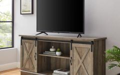 Top 10 of Jaxpety 58" Farmhouse Sliding Barn Door Tv Stands in Rustic Gray