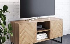 Media Console Cabinet Tv Stands with Hidden Storage Herringbone Pattern Wood Metal
