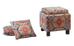 Red Fabric Square Storage Ottomans with Pillows