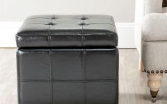 Black Leather and Gray Canvas Pouf Ottomans